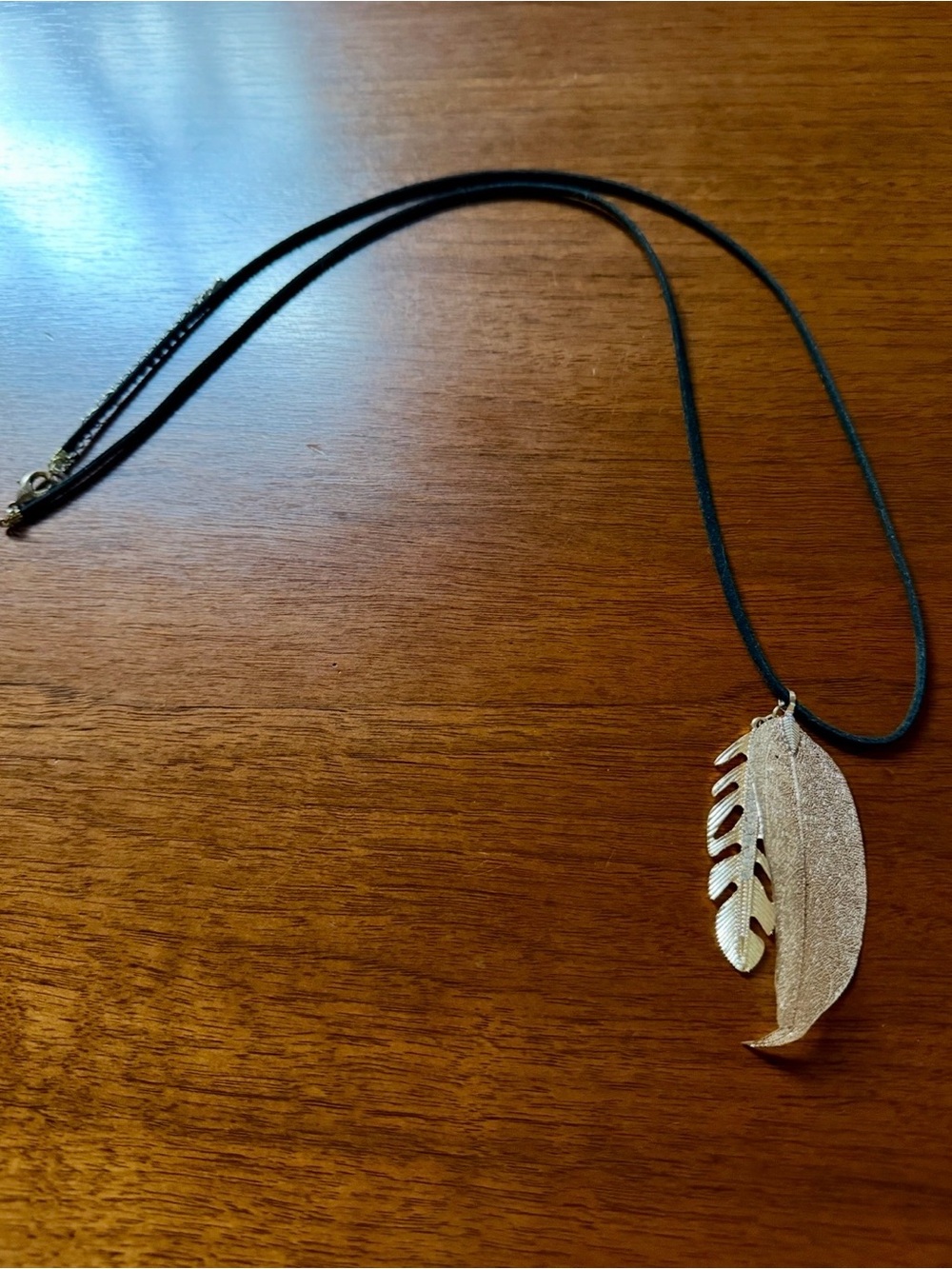 Rose Gold Leaf and Gold Layered Feather Pendant Necklace Boho 18”